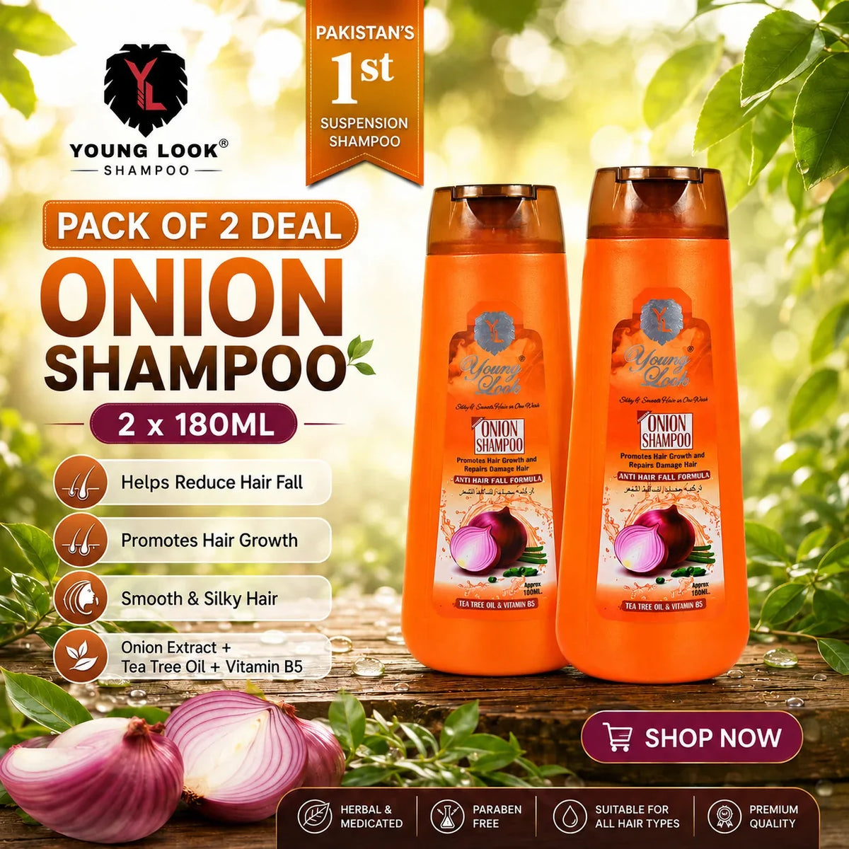 Young Look Onion Shampoo (Herbal Formula)(Pack of 2) 180Ml